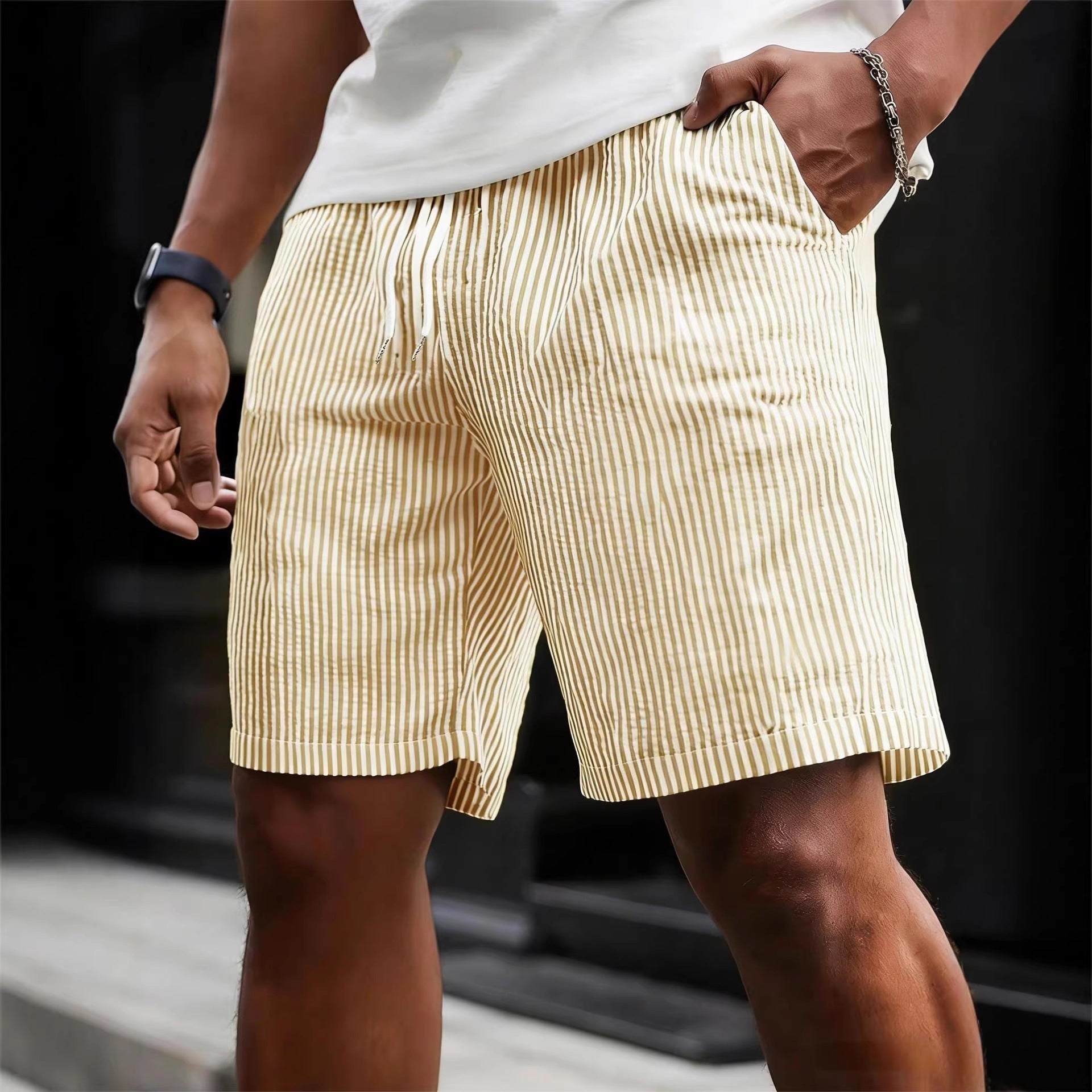 Men's Casual Striped Shorts with Adjustable Drawstring Waist