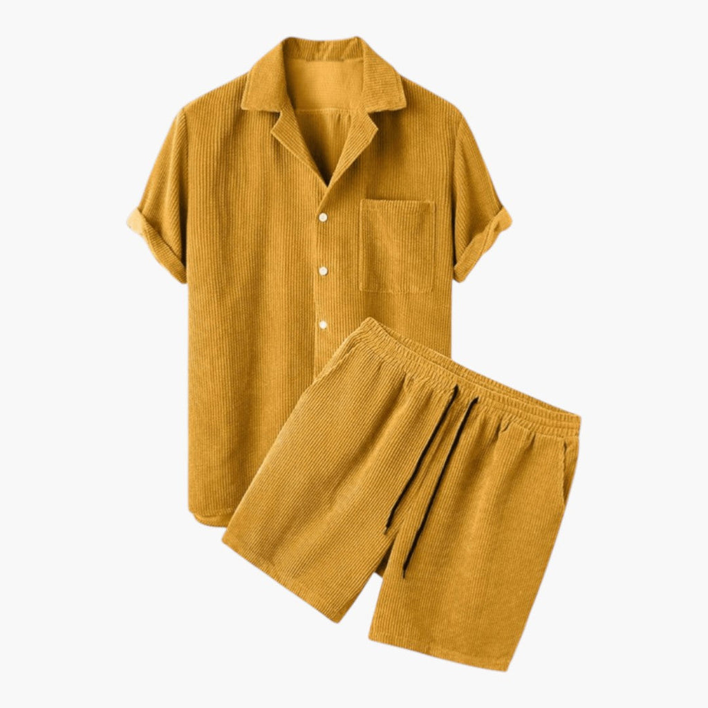 Men's Corduroy Short Set with Short-Sleeved Shirt and Elastic Waist Shorts