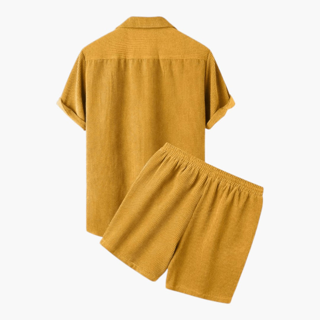Men's Corduroy Short Set with Short-Sleeved Shirt and Elastic Waist Shorts