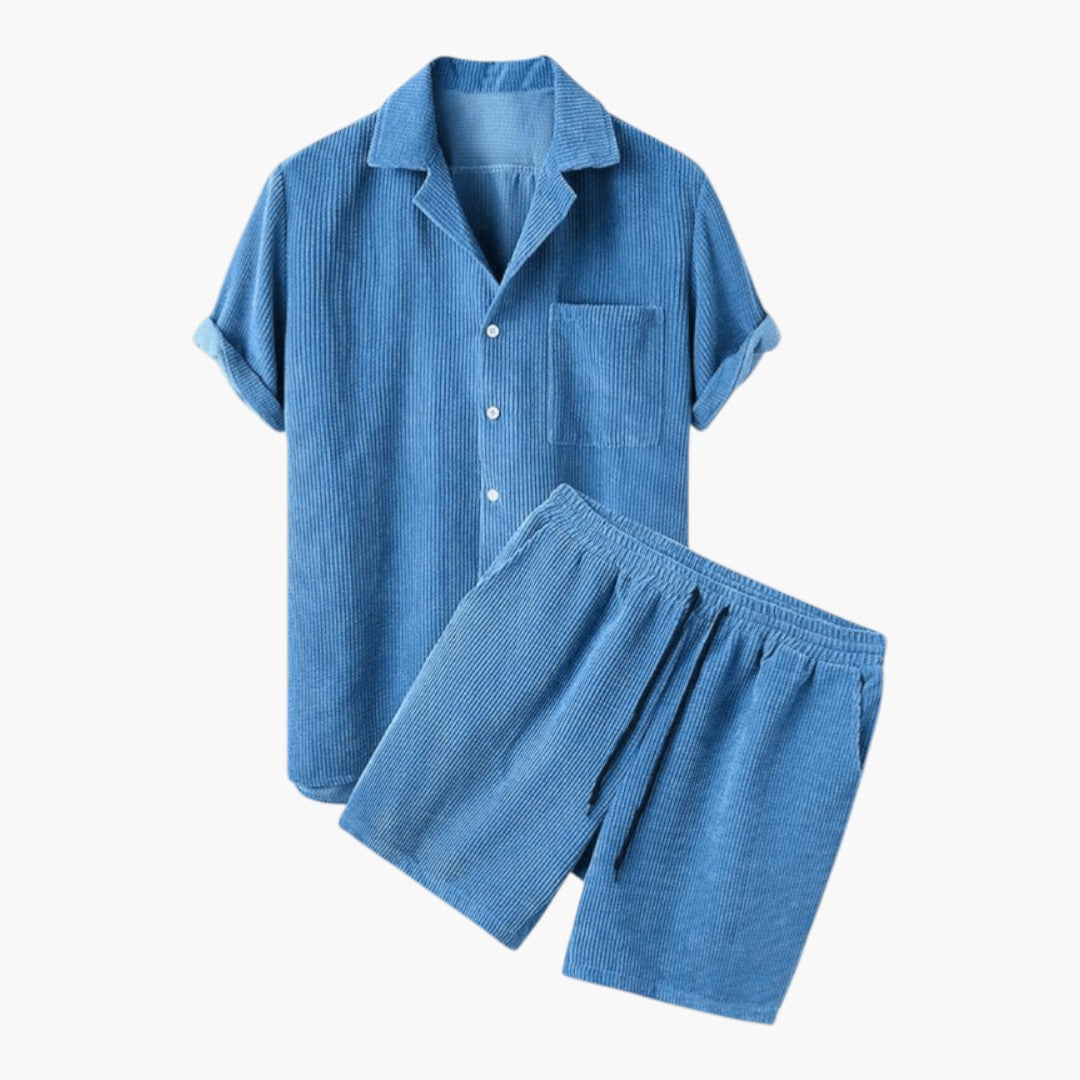 Men's Corduroy Short Set with Short-Sleeved Shirt and Elastic Waist Shorts