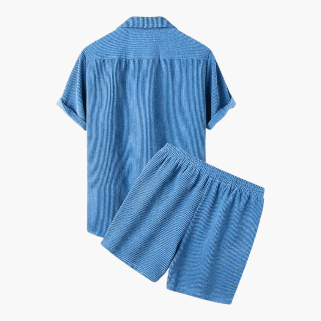 Men's Corduroy Short Set with Short-Sleeved Shirt and Elastic Waist Shorts