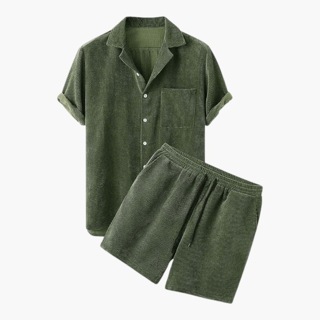 Men's Corduroy Short Set with Short-Sleeved Shirt and Elastic Waist Shorts