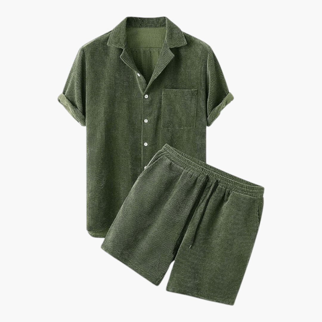 Men's Corduroy Short Set with Short-Sleeved Shirt and Elastic Waist Shorts