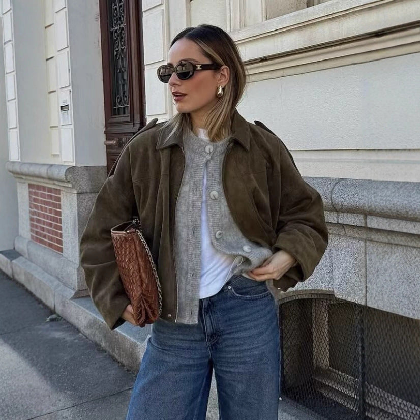 Women's Faux Suede Pilot Jacket Casual Zip-Up Coat