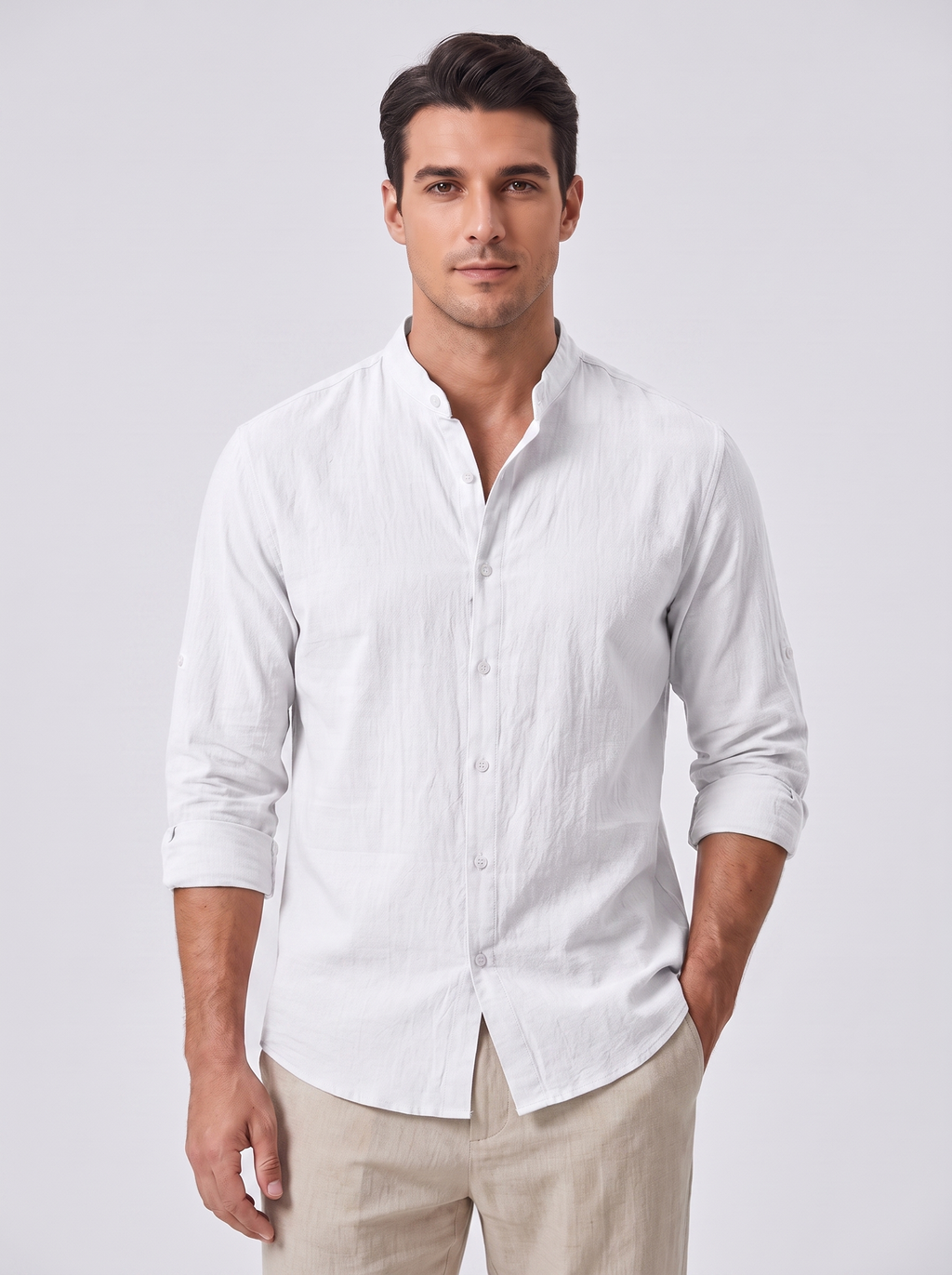 Men's Linen Blend Shirt with Standing Collar