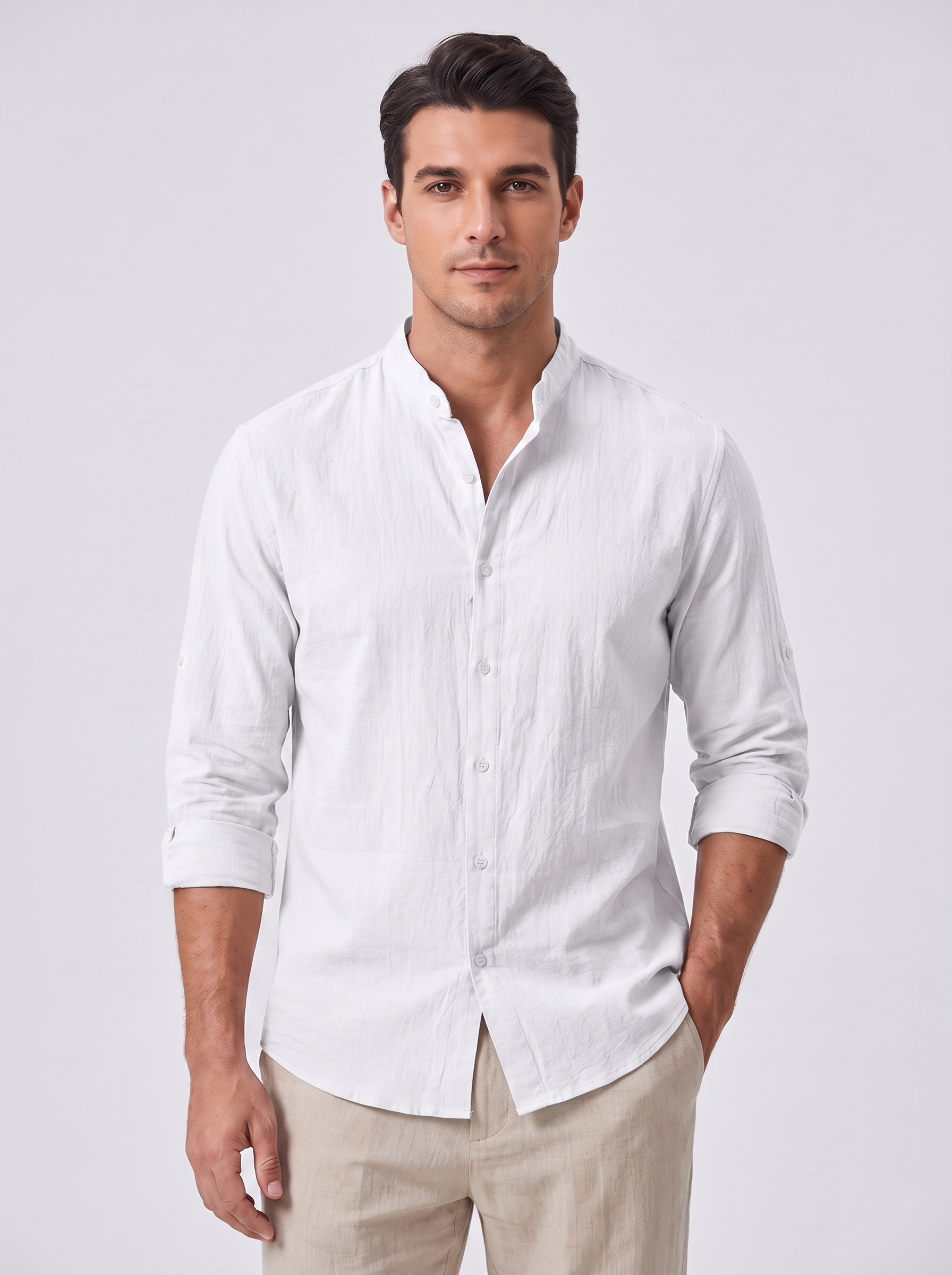 Men's Linen Blend Shirt with Standing Collar