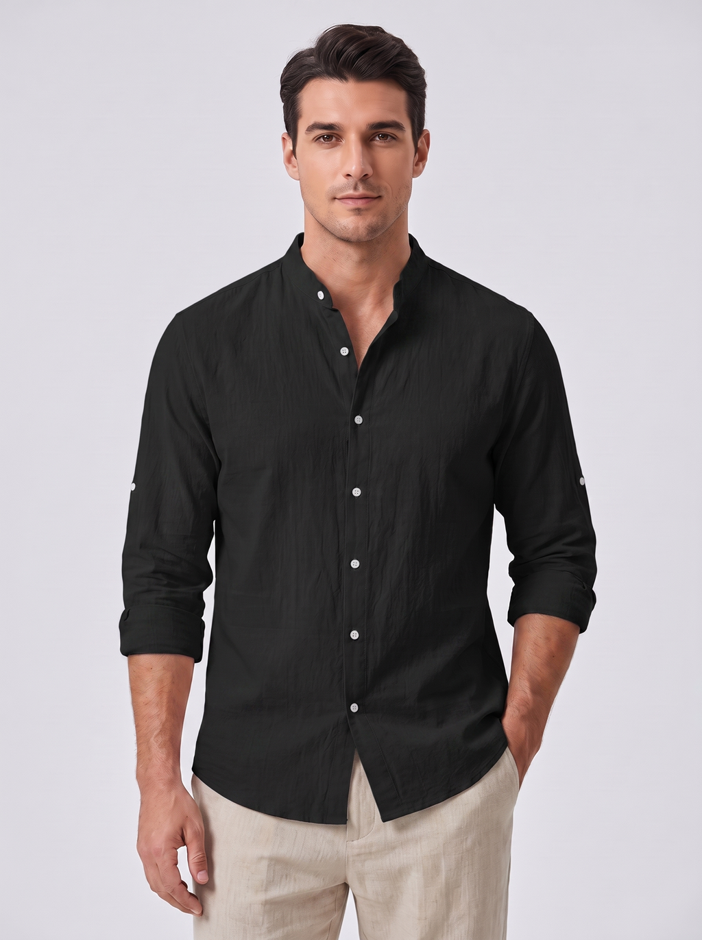 Men's Linen Blend Shirt with Standing Collar