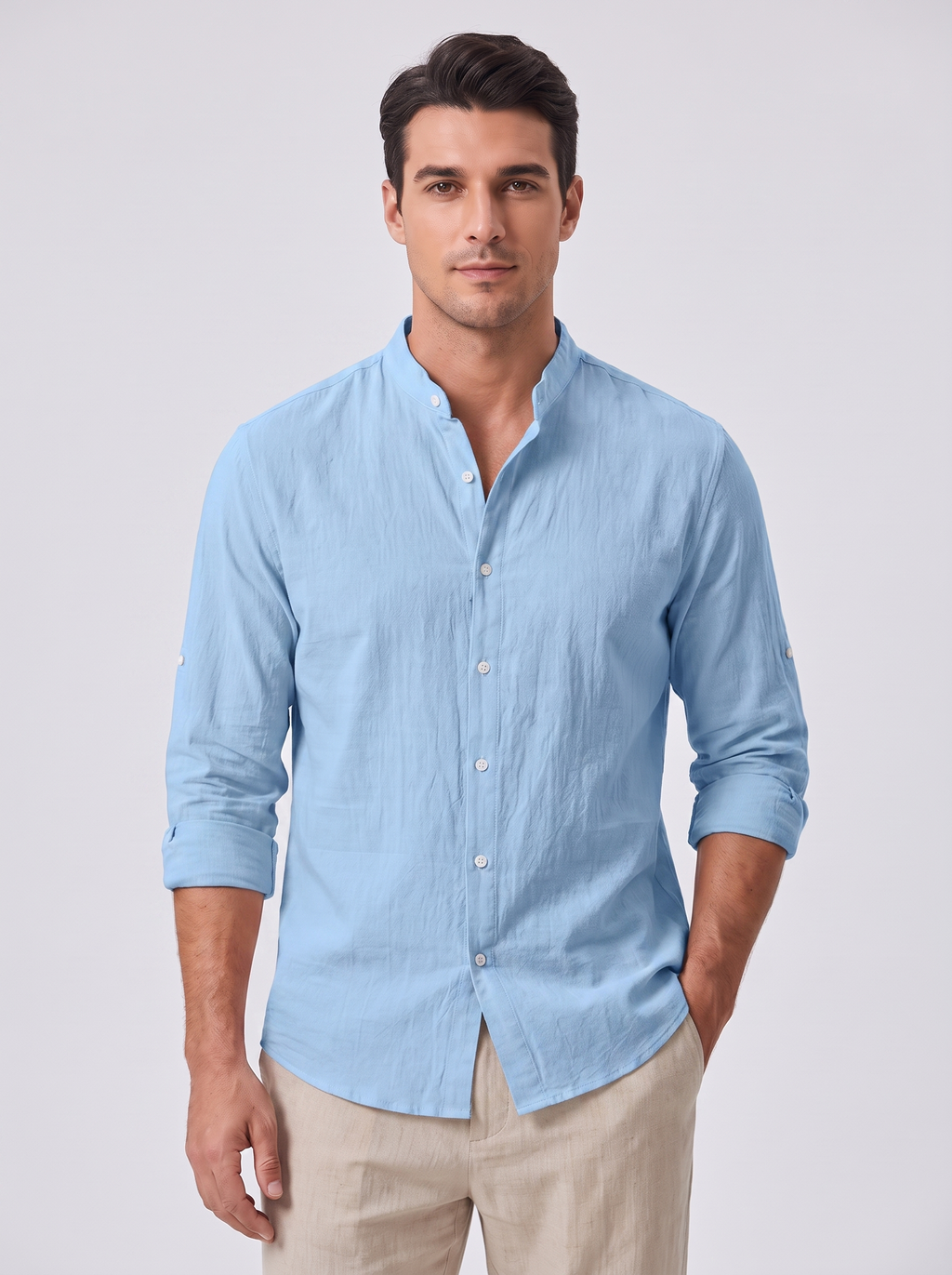 Men's Linen Blend Shirt with Standing Collar