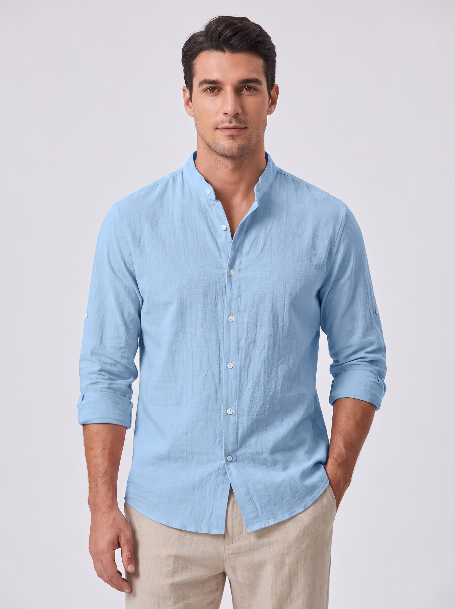 Men's Linen Blend Shirt with Standing Collar