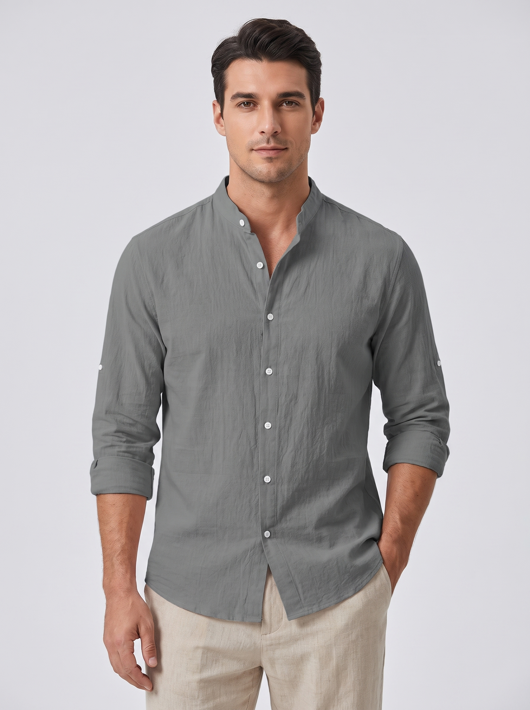 Men's Linen Blend Shirt with Standing Collar