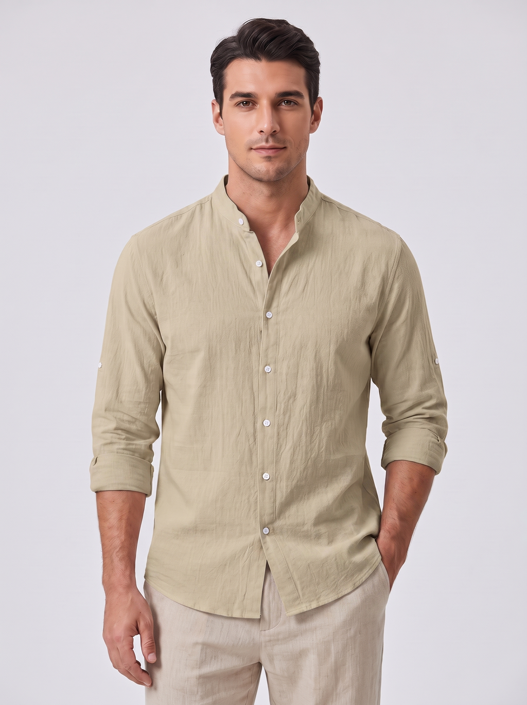 Men's Linen Blend Shirt with Standing Collar