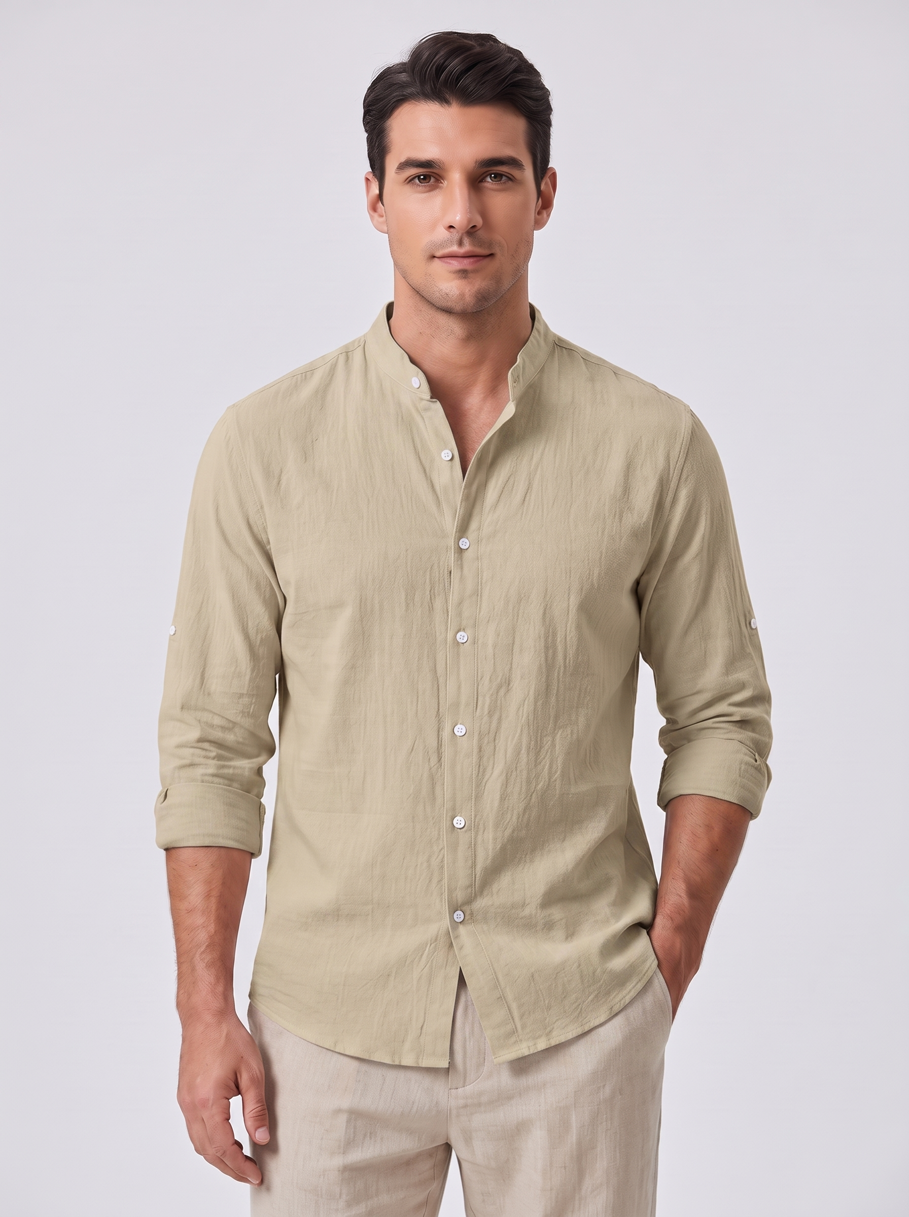 Men's Linen Blend Shirt with Standing Collar