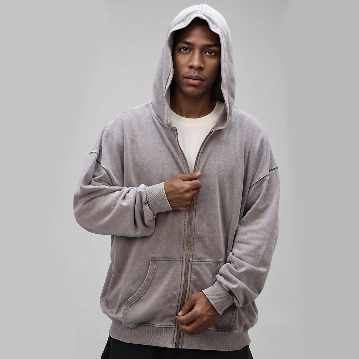 Men's Oversized Zip Up Hoodie with Drop Shoulder