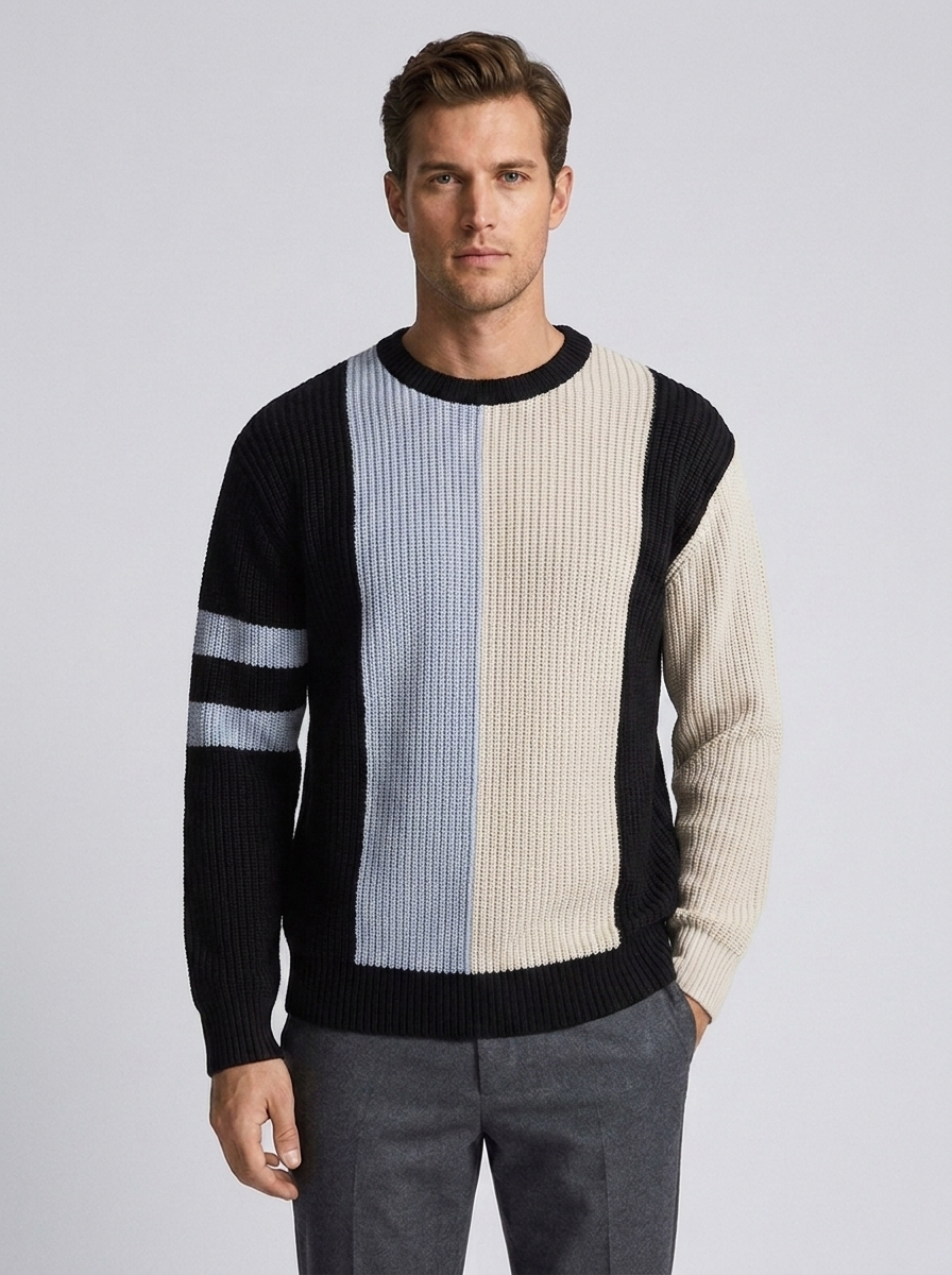 Men's Round Neck Pullover Sweater with Contrast Color Design