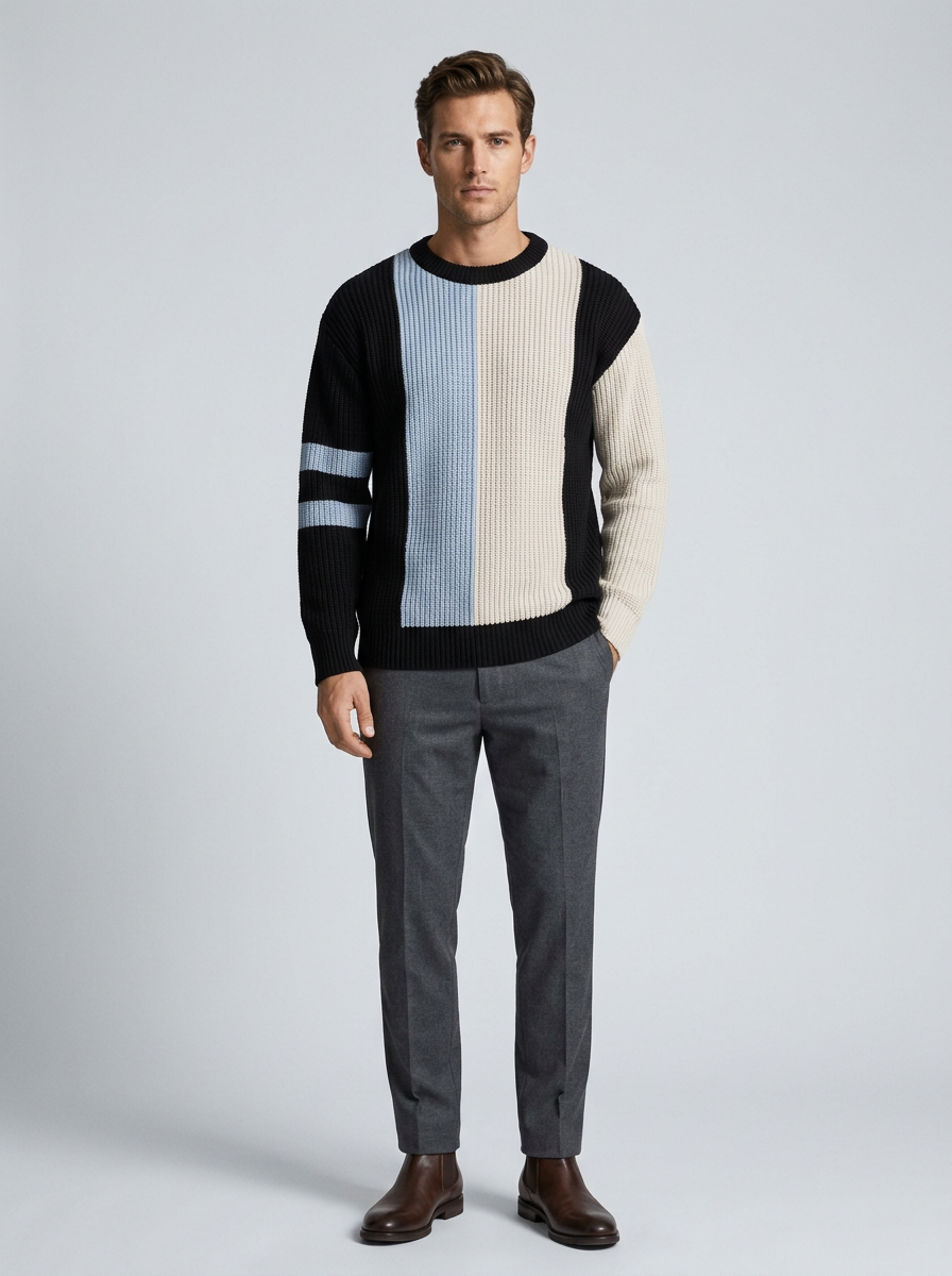 Men's Round Neck Pullover Sweater with Contrast Color Design