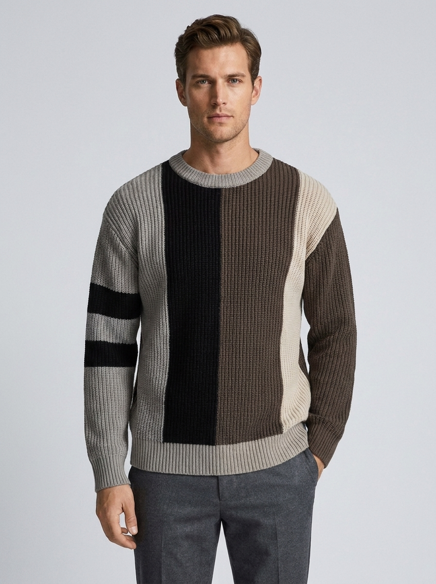 Men's Round Neck Pullover Sweater with Contrast Color Design