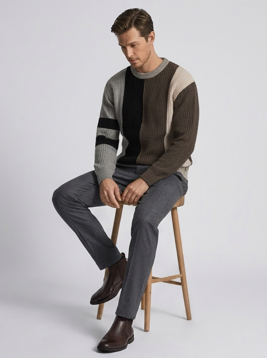 Men's Round Neck Pullover Sweater with Contrast Color Design