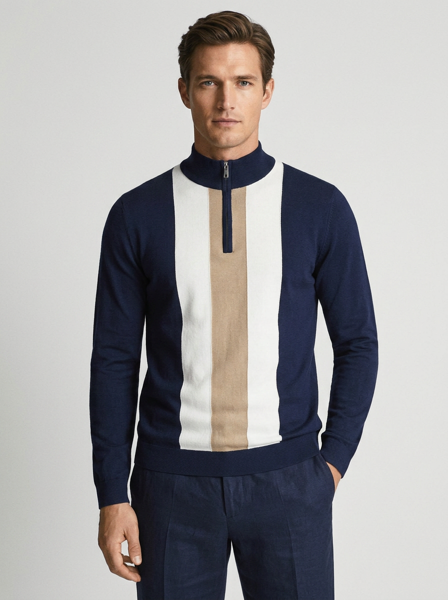 Men's Slim Fit Quarter Zip Sweater with Jacquard Knit Pattern