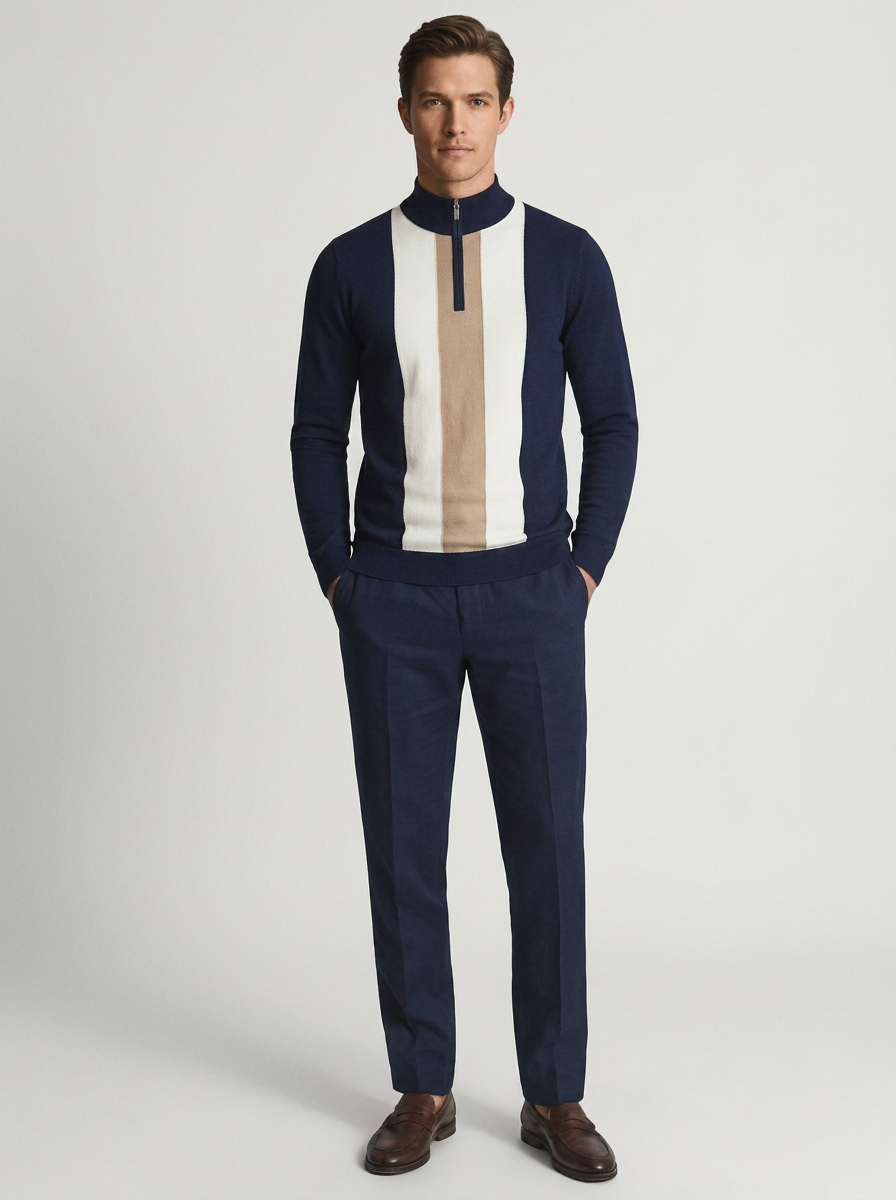 Men's Slim Fit Quarter Zip Sweater with Jacquard Knit Pattern