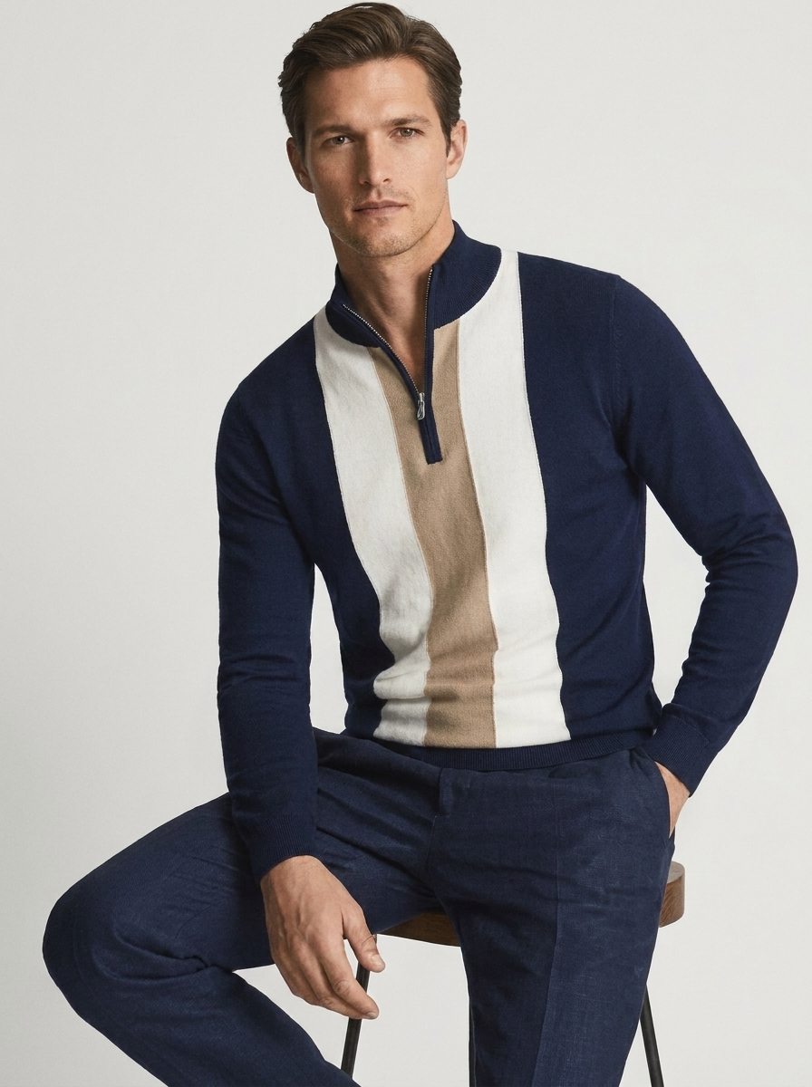 Men's Slim Fit Quarter Zip Sweater with Jacquard Knit Pattern