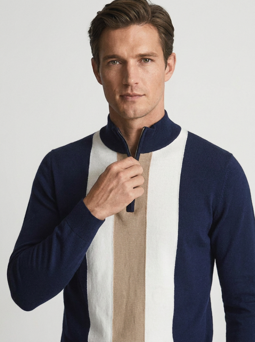 Men's Slim Fit Quarter Zip Sweater with Jacquard Knit Pattern