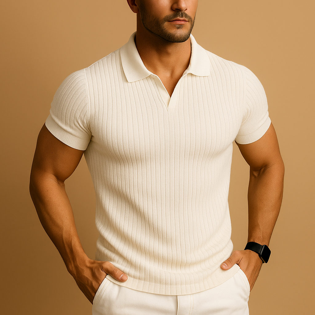 Men's Slim Fit Ribbed Polo Shirt with V-Neck Collar