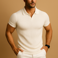 Men's Slim Fit Ribbed Polo Shirt with V-Neck Collar