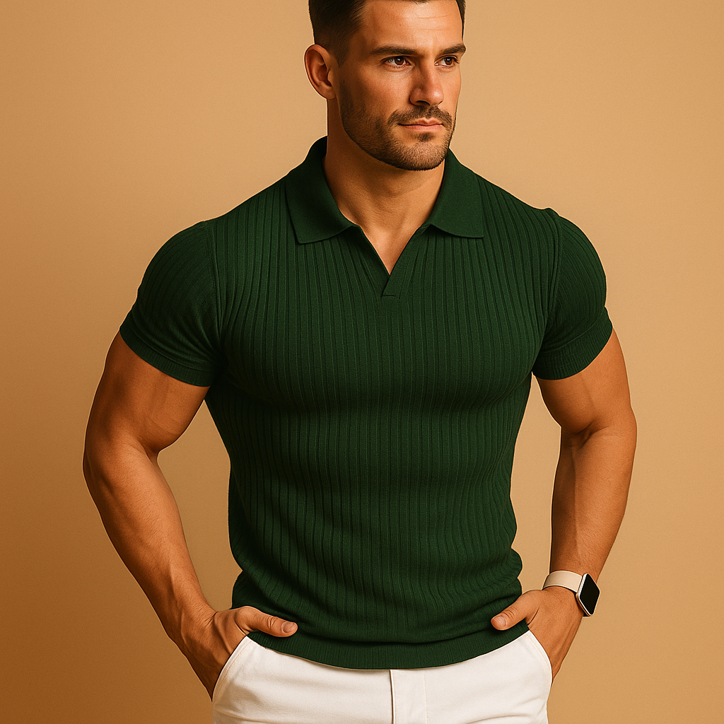 Men's Slim Fit Ribbed Polo Shirt with V-Neck Collar