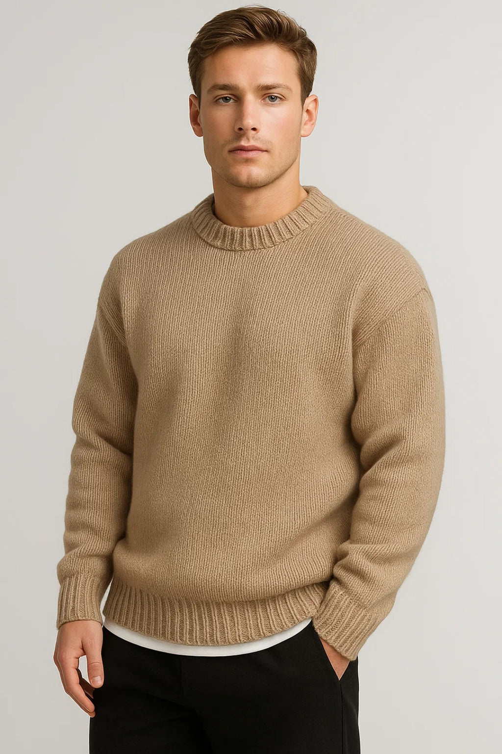 Men's Winter Sweater with Round Neck and Coarse Stitch