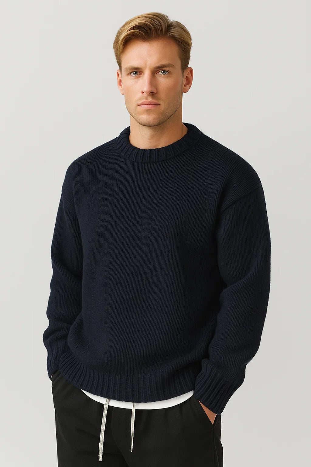 Men's Winter Sweater with Round Neck and Coarse Stitch