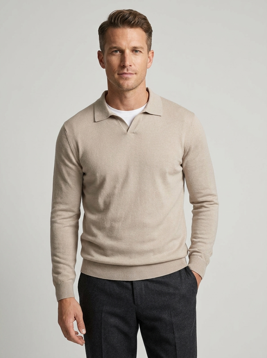 Men's Wool Long Sleeve Polo Sweater for Fall and Winter Fashion