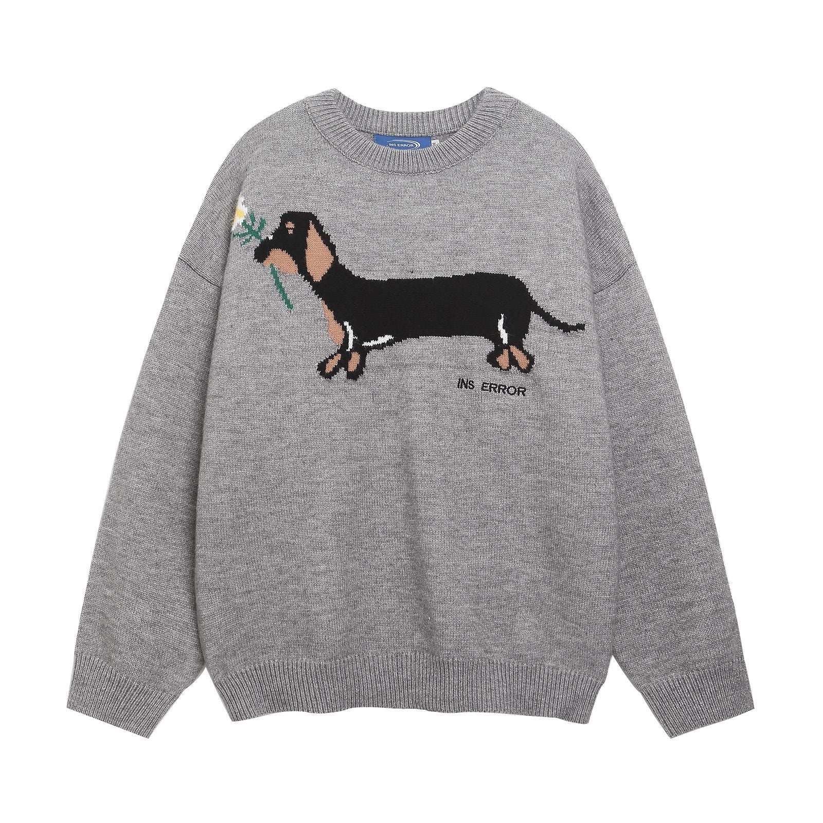 Unisex Jacquard Round Neck Sweater with Sausage Puppy Pattern