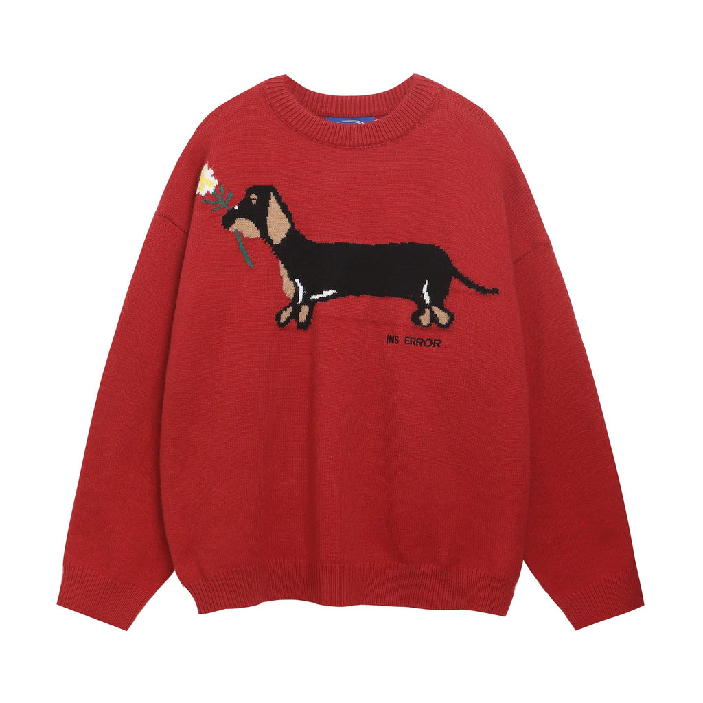 Unisex Jacquard Round Neck Sweater with Sausage Puppy Pattern