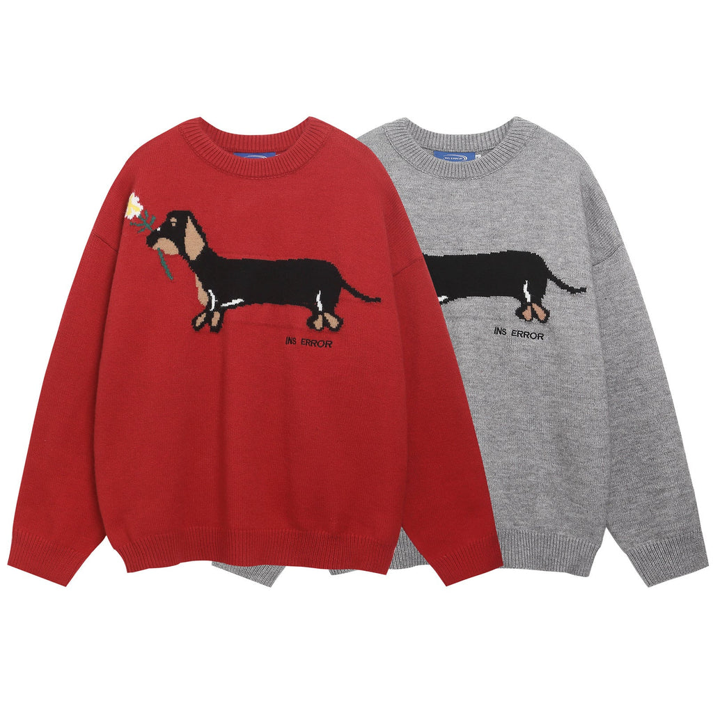 Unisex Jacquard Round Neck Sweater with Sausage Puppy Pattern