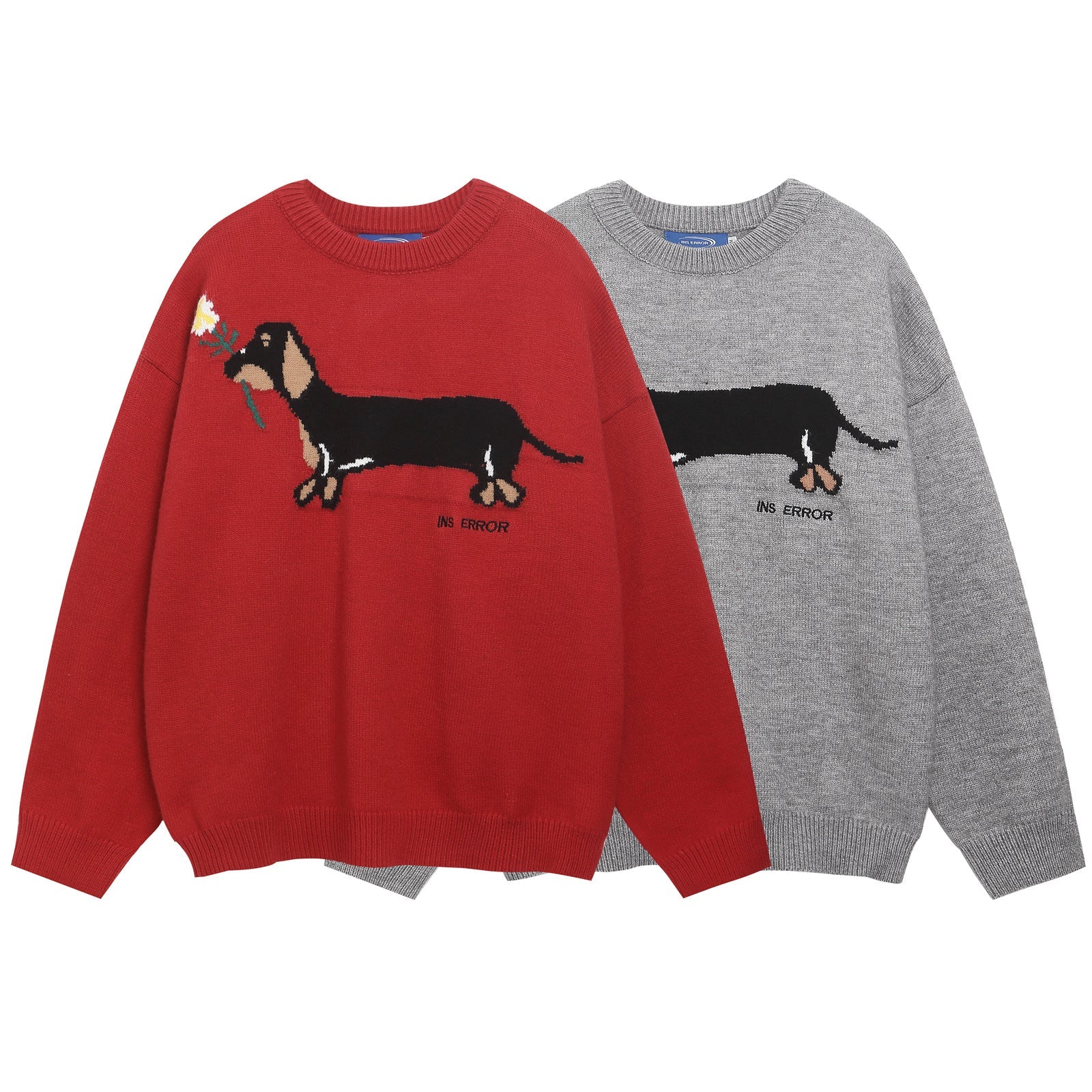 Unisex Jacquard Round Neck Sweater with Sausage Puppy Pattern