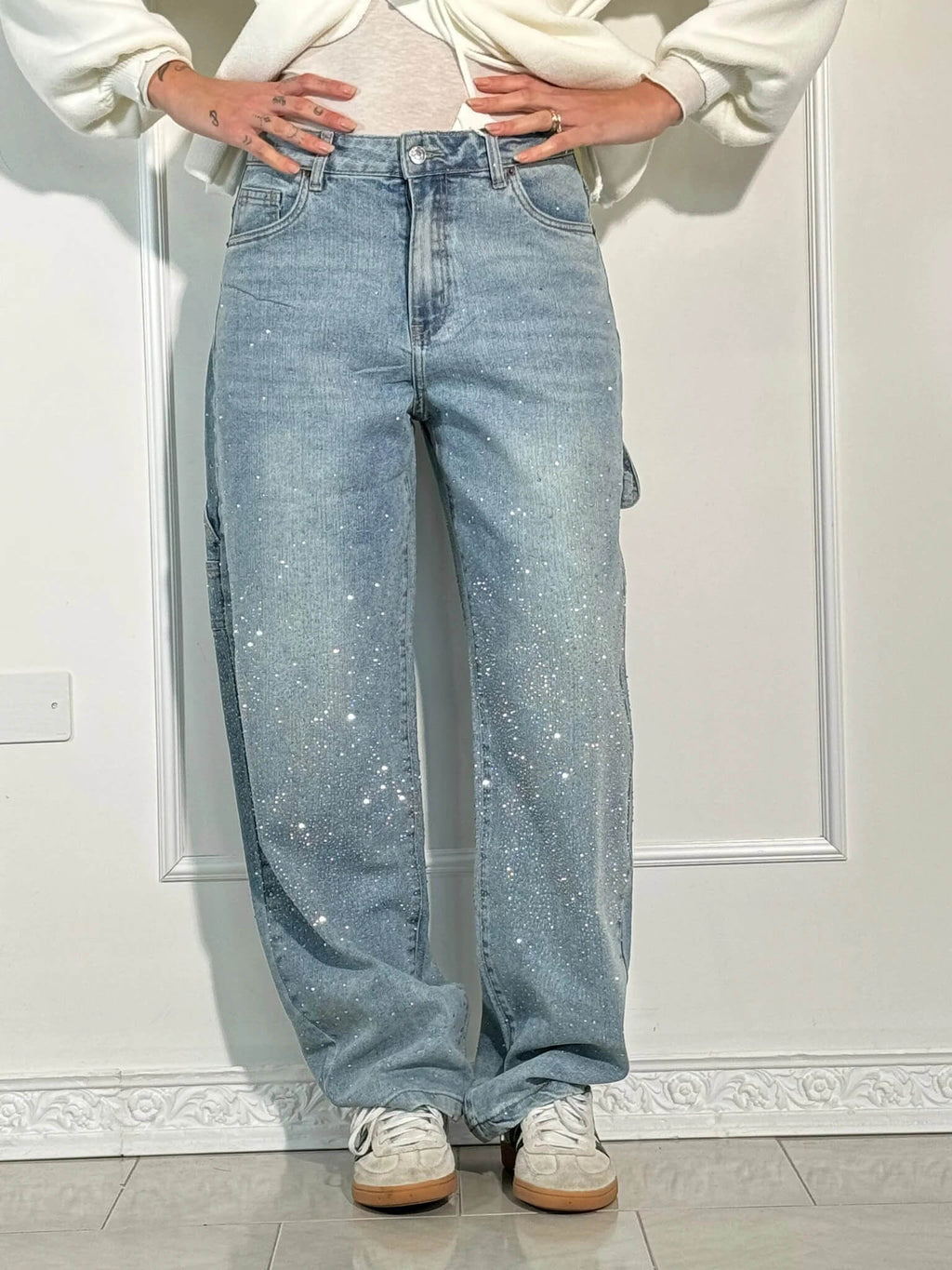 Women's Balloon-Leg Carpenter Jeans with Sparkling Finish