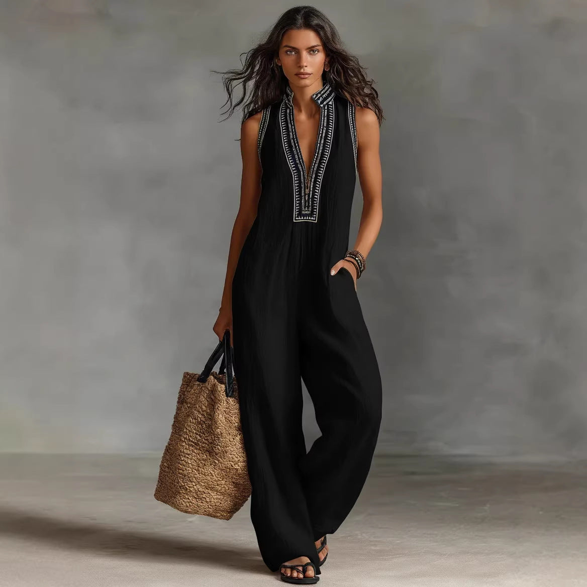 Women's Boho Jumpsuit with Sleeveless Design and Full-Length Pants
