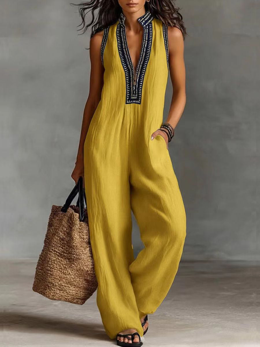 Women's Boho Jumpsuit with Sleeveless Design and Full-Length Pants