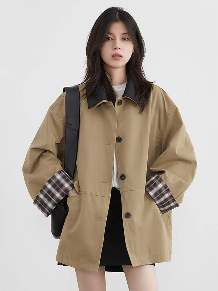 Women's Button-Up Contrast Trim Jacket with Flap Pockets