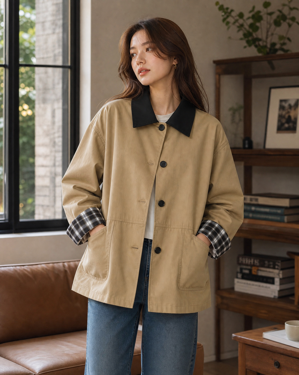 Women's Button-Up Contrast Trim Jacket with Flap Pockets