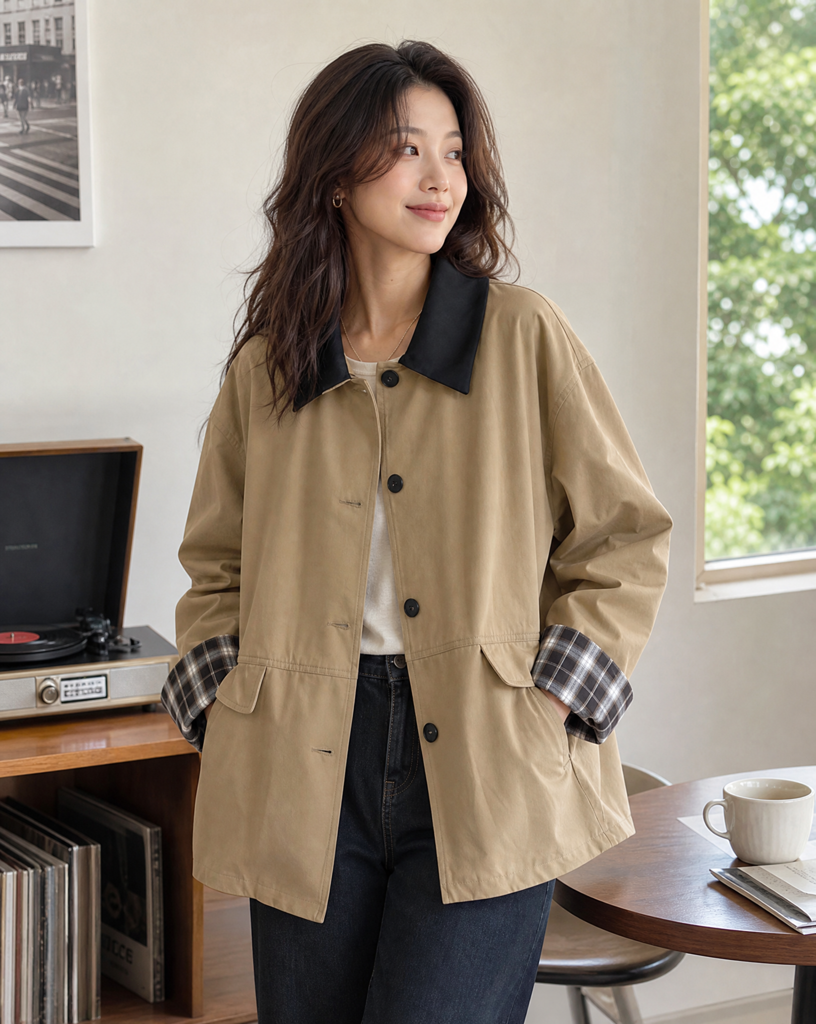 Women's Button-Up Contrast Trim Jacket with Flap Pockets