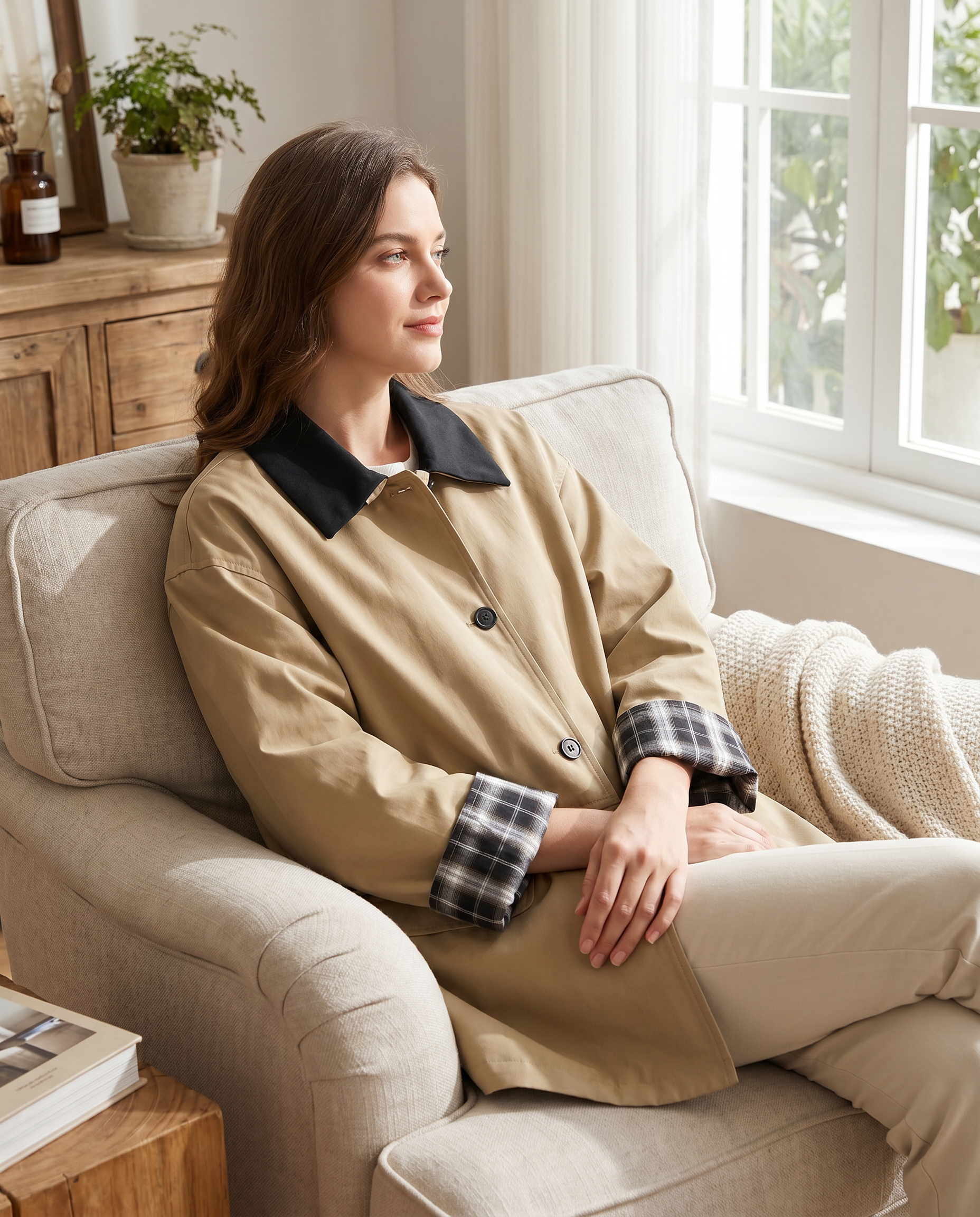 Women's Button-Up Contrast Trim Jacket with Flap Pockets