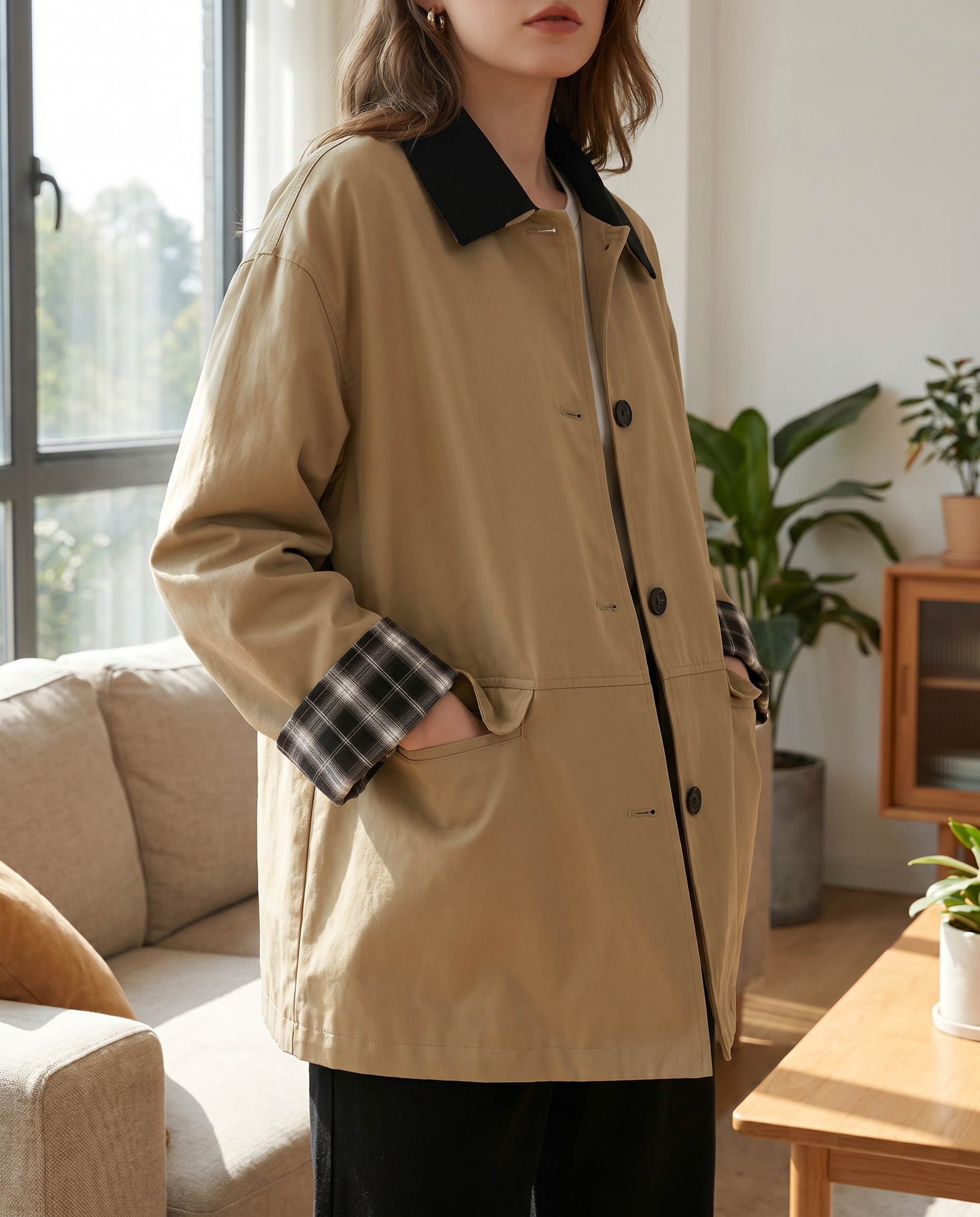 Women's Button-Up Contrast Trim Jacket with Flap Pockets