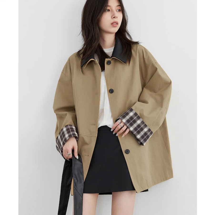 Women's Button-Up Contrast Trim Jacket with Flap Pockets