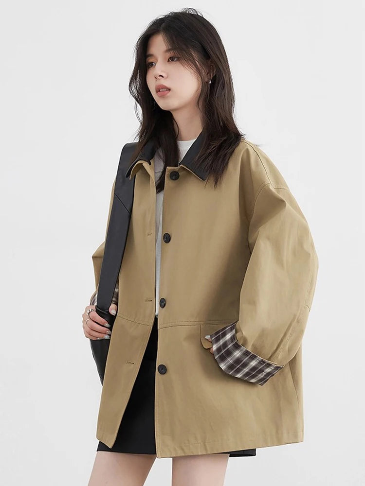 Women's Button-Up Contrast Trim Jacket with Flap Pockets