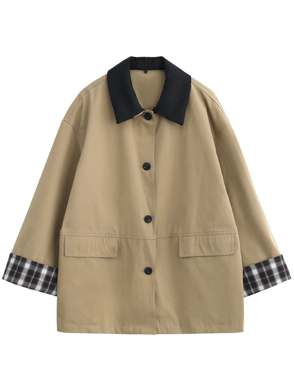 Women's Button-Up Contrast Trim Jacket with Flap Pockets