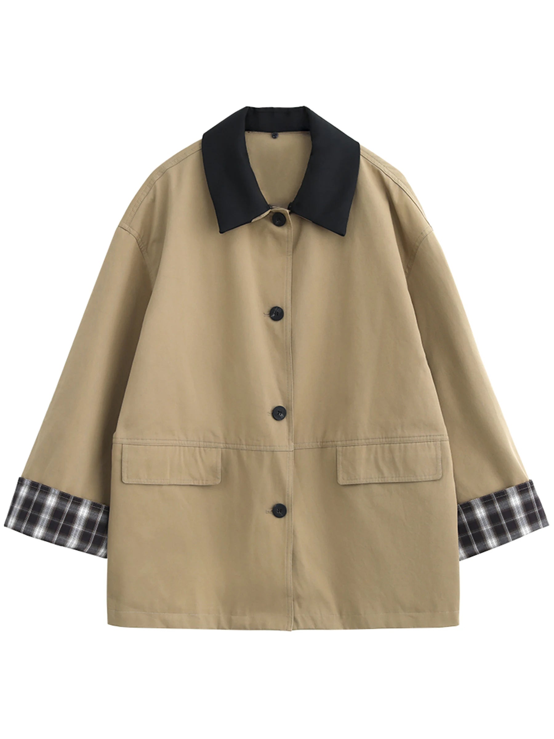 Women's Button-Up Contrast Trim Jacket with Flap Pockets