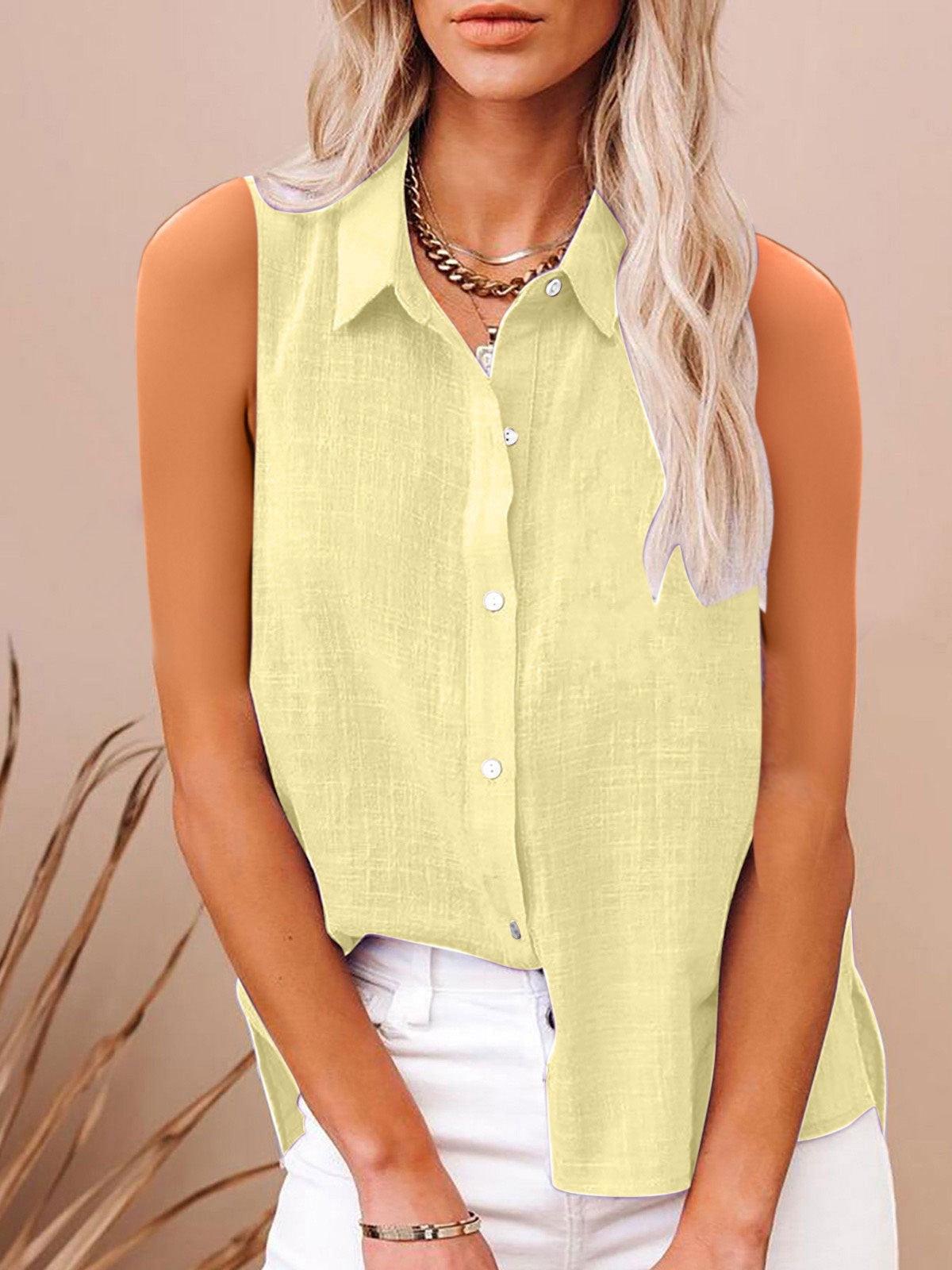 Women's Buttoned Sleeveless Shirt with Chic Patchwork Design