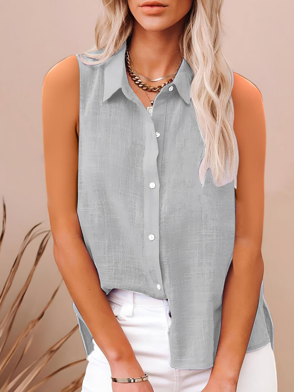 Women's Buttoned Sleeveless Shirt with Chic Patchwork Design