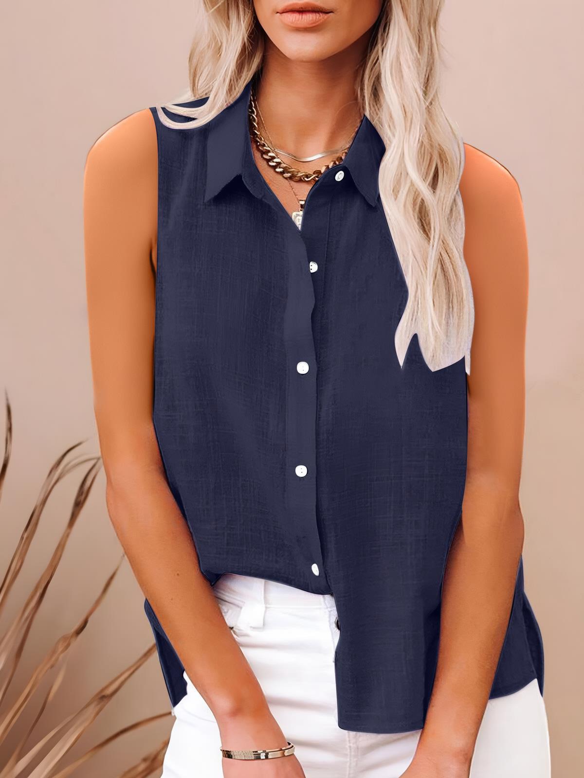 Women's Buttoned Sleeveless Shirt with Chic Patchwork Design